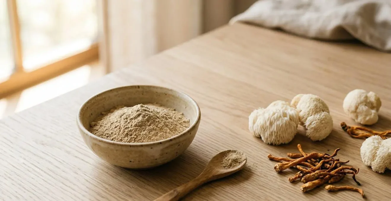 A serene morning workspace with adaptogenic mushroom powder in a ceramic vessel, surrounded by raw Lion's Mane and Cordyceps mushrooms, captured in soft natural window light