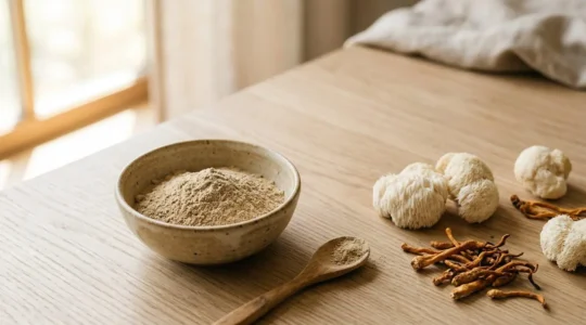 A serene morning workspace with adaptogenic mushroom powder in a ceramic vessel, surrounded by raw Lion's Mane and Cordyceps mushrooms, captured in soft natural window light