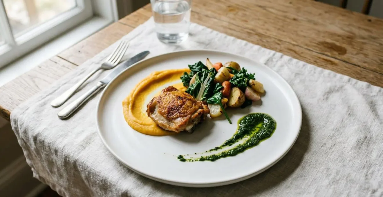 Affordable home-cooked dish elevated through professional plating with negative space and artful arrangement