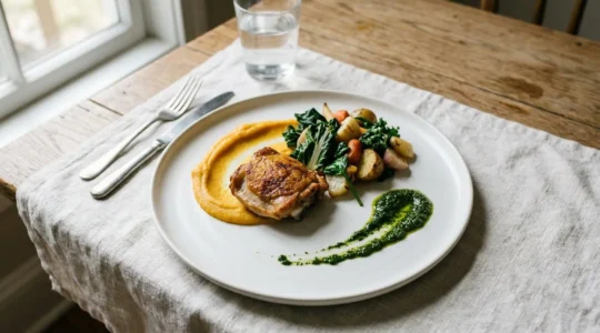 Affordable home-cooked dish elevated through professional plating with negative space and artful arrangement
