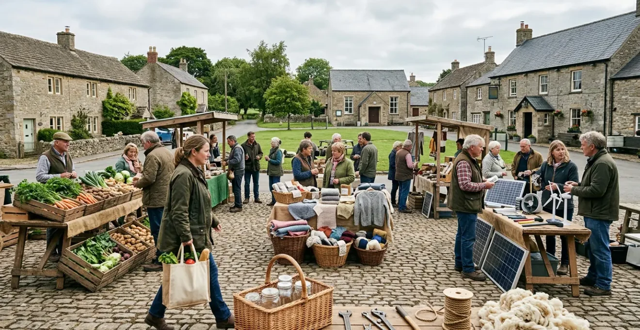 Community members collaborating in a thriving rural UK market with local producers and sustainable businesses