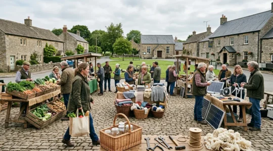 Community members collaborating in a thriving rural UK market with local producers and sustainable businesses