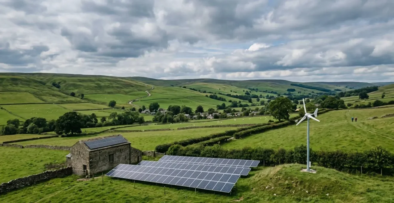 Community-owned renewable energy installation integrated into UK rural landscape