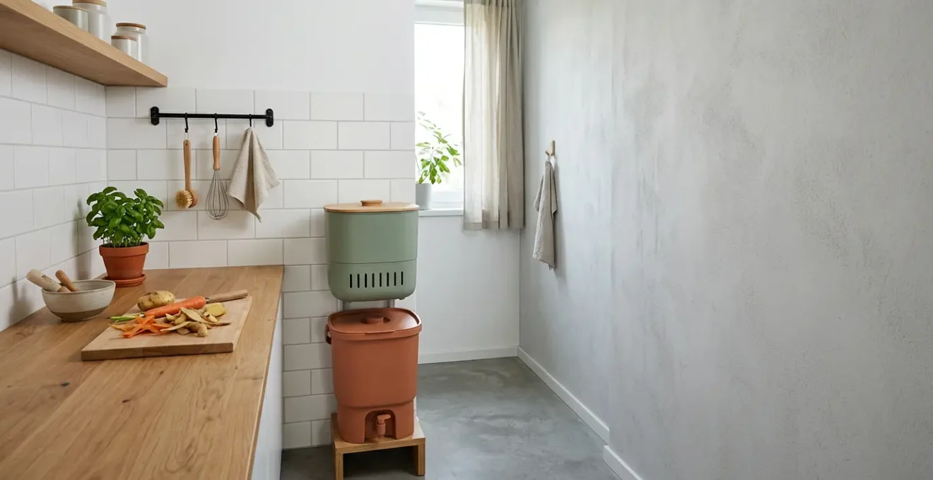 Compact zero-waste kitchen composting system integrated into a small urban apartment interior