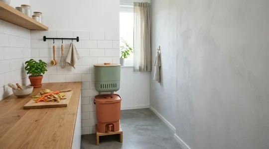 Compact zero-waste kitchen composting system integrated into a small urban apartment interior