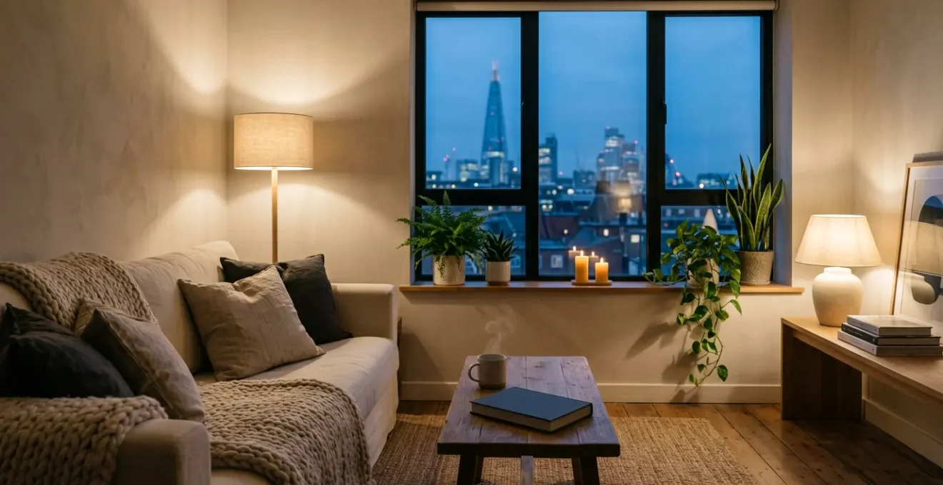 Warm inviting living room with soft ambient lighting and plush textiles creating a peaceful hygge atmosphere for evening relaxation