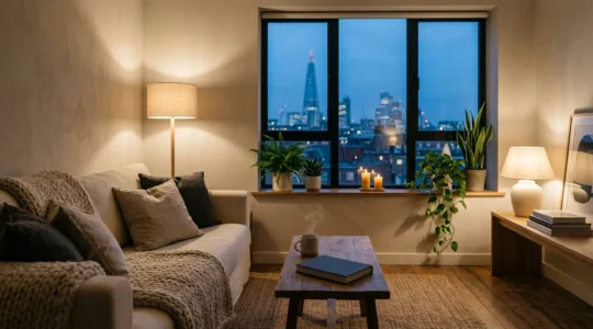 Warm inviting living room with soft ambient lighting and plush textiles creating a peaceful hygge atmosphere for evening relaxation