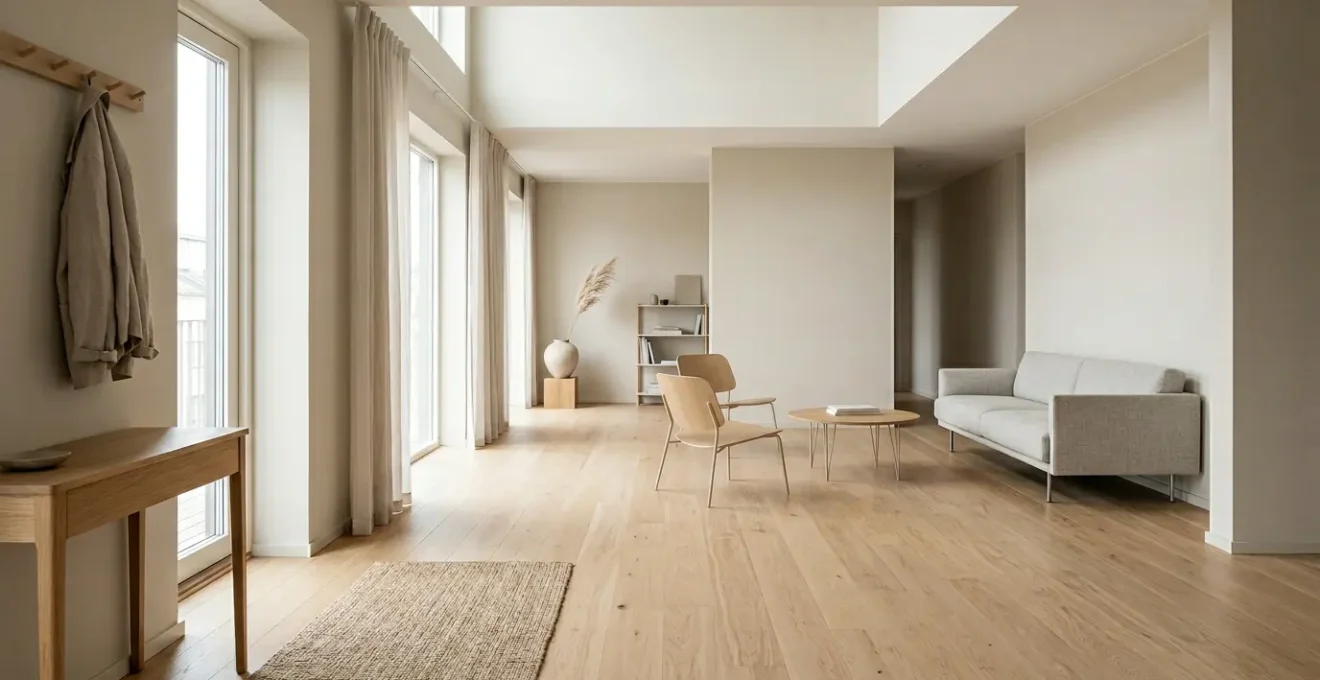 Bright minimalist urban living space with floating furniture and natural light streaming through large windows creating an airy atmosphere