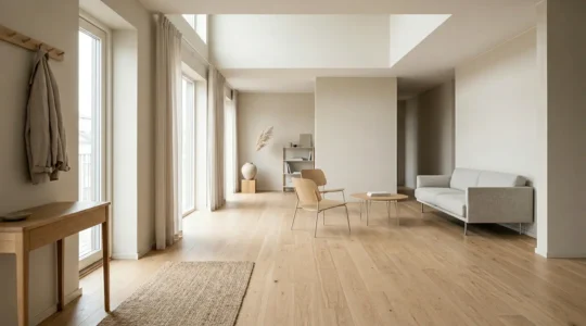 Bright minimalist urban living space with floating furniture and natural light streaming through large windows creating an airy atmosphere
