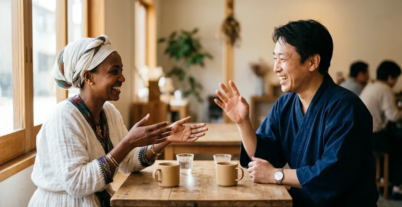 Two individuals from different cultures engaged in meaningful communication through gestures and expressions despite language differences
