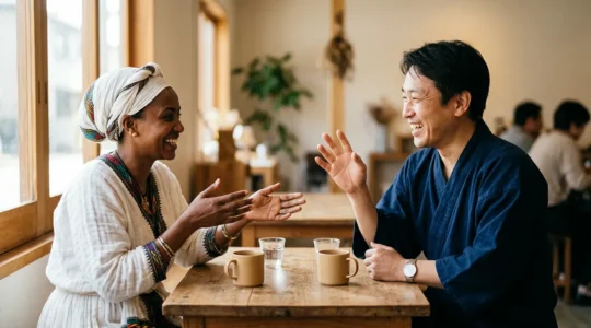 Two individuals from different cultures engaged in meaningful communication through gestures and expressions despite language differences