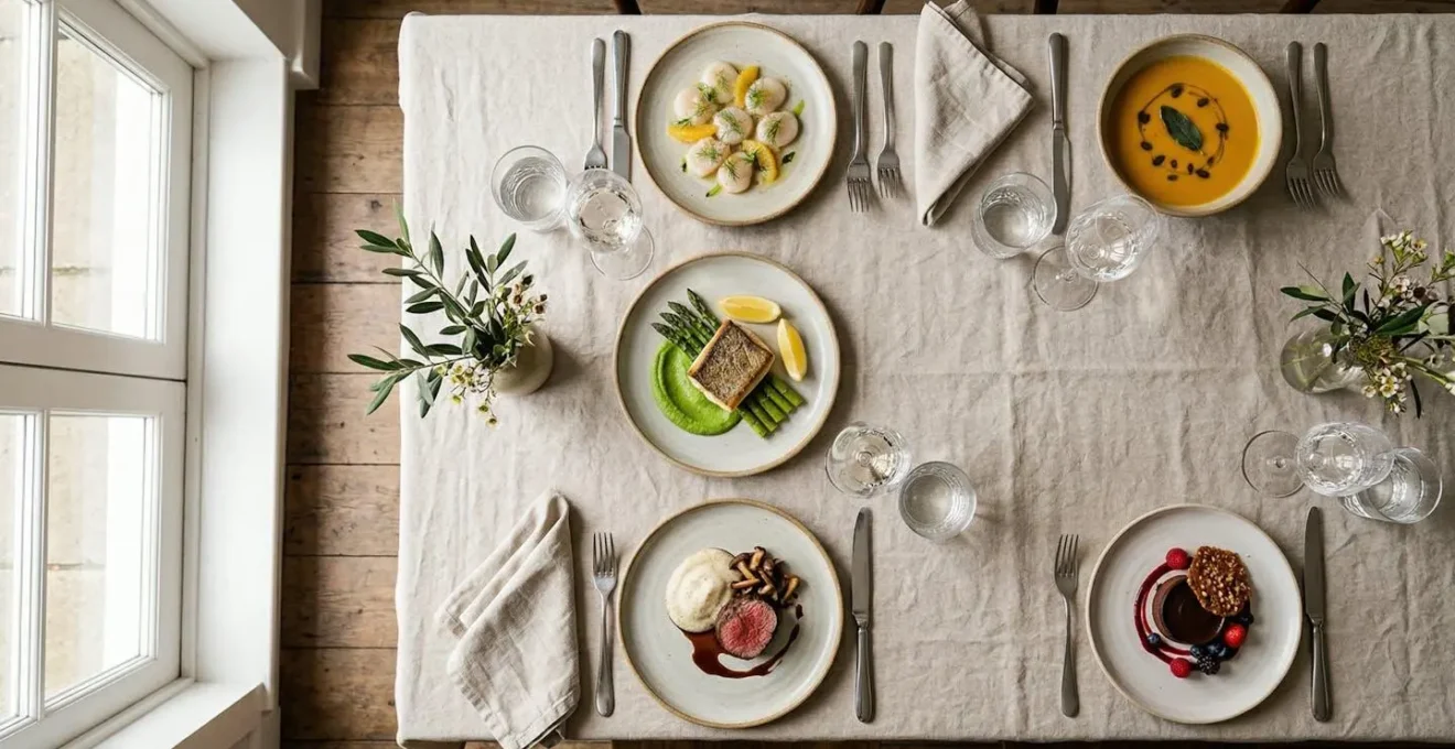 Elegant home dinner party table with five beautifully plated small courses arranged in progression, showcasing professional culinary presentation