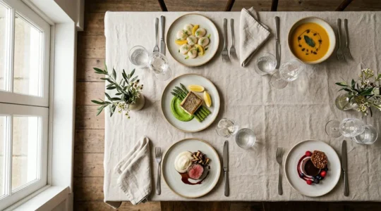 Elegant home dinner party table with five beautifully plated small courses arranged in progression, showcasing professional culinary presentation