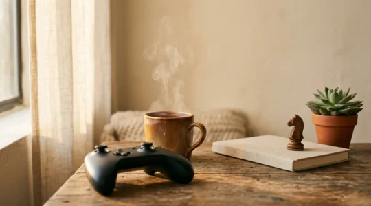 A contemplative scene showing the concept of mindful digital entertainment consumption and breaking free from doomscrolling habits
