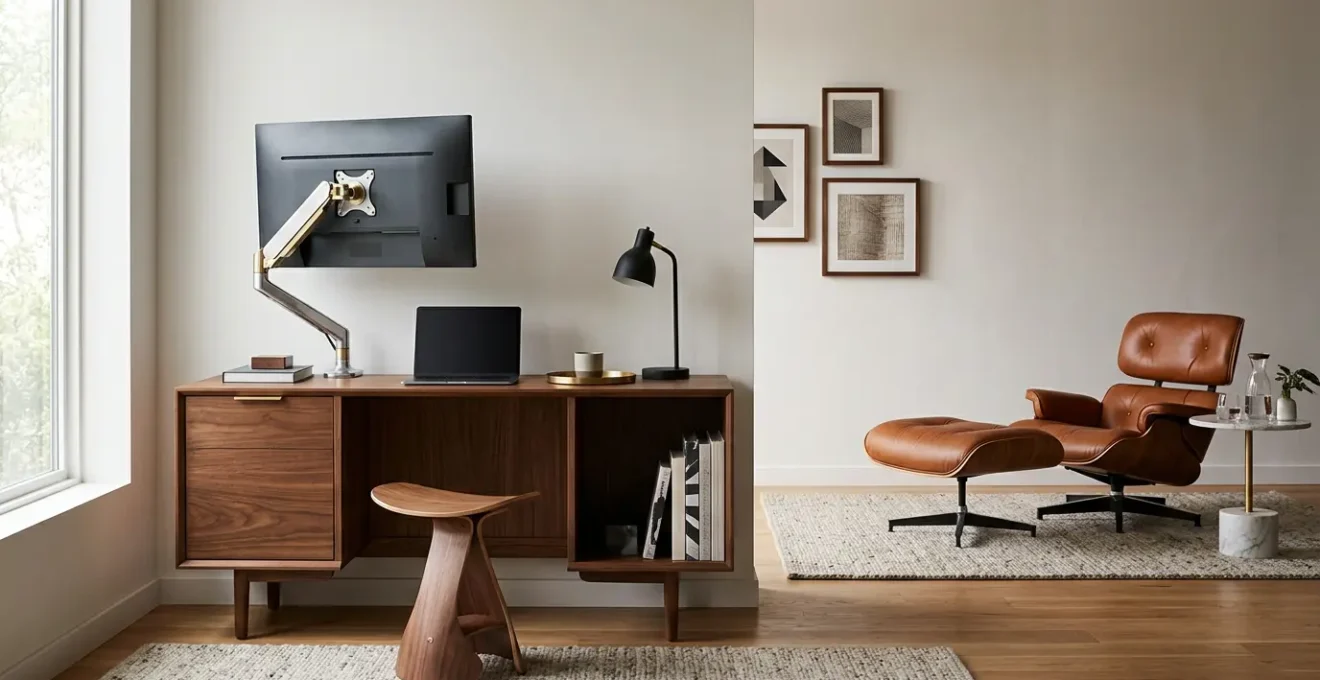 High-end living room seamlessly integrating workspace ergonomics with sophisticated interior design