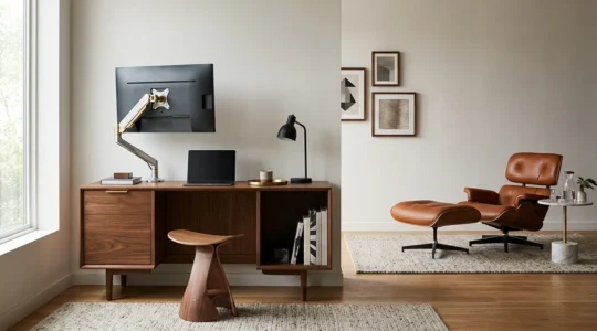 High-end living room seamlessly integrating workspace ergonomics with sophisticated interior design