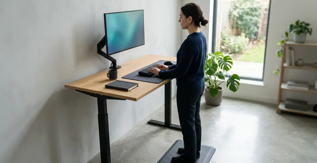 Modern home office workspace with adjustable standing desk at optimal ergonomic height showing neutral posture positioning