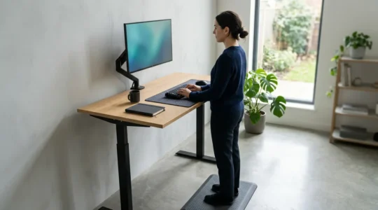 Modern home office workspace with adjustable standing desk at optimal ergonomic height showing neutral posture positioning
