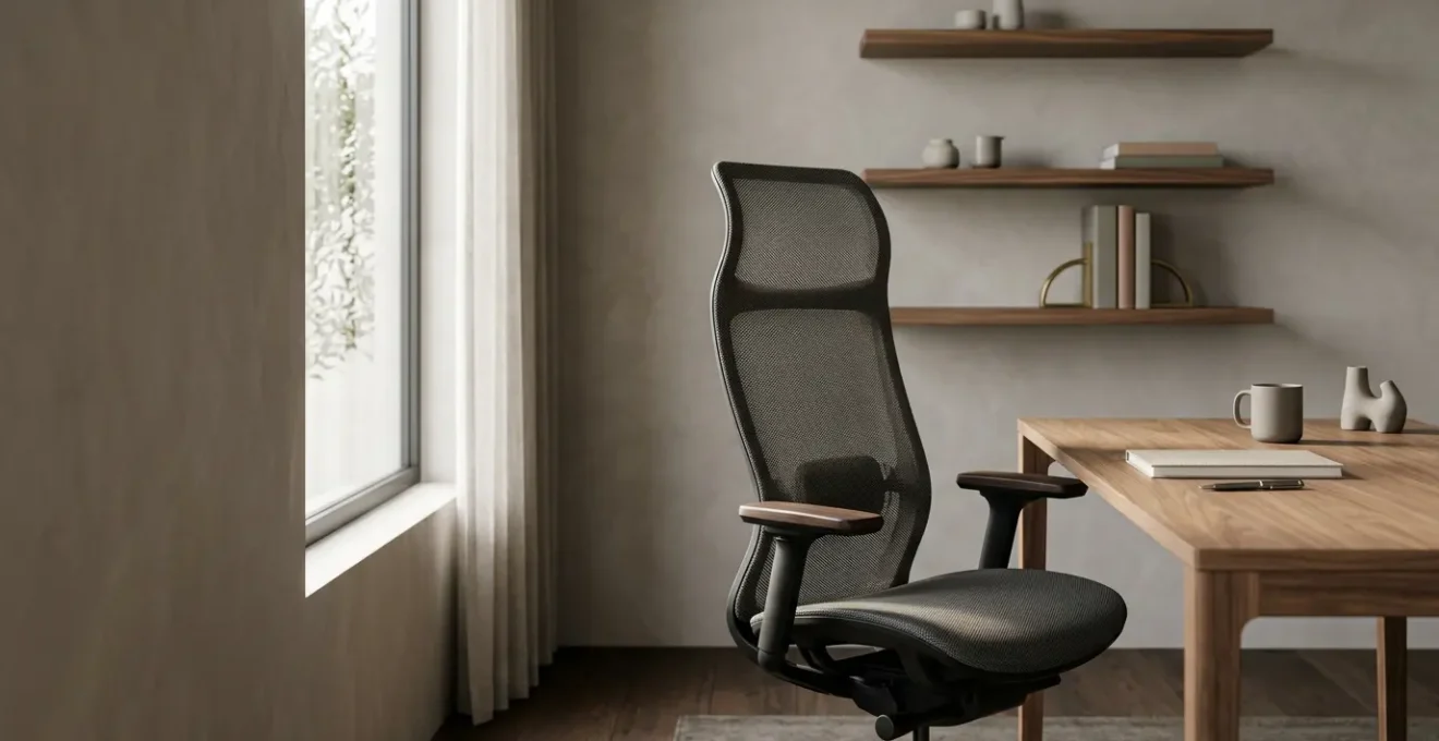 Modern executive home office with ergonomic furniture and professional video conferencing background