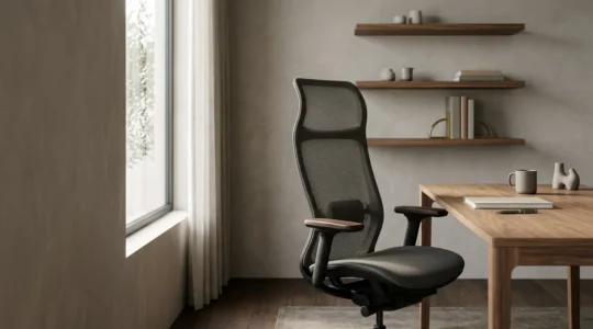 Modern executive home office with ergonomic furniture and professional video conferencing background