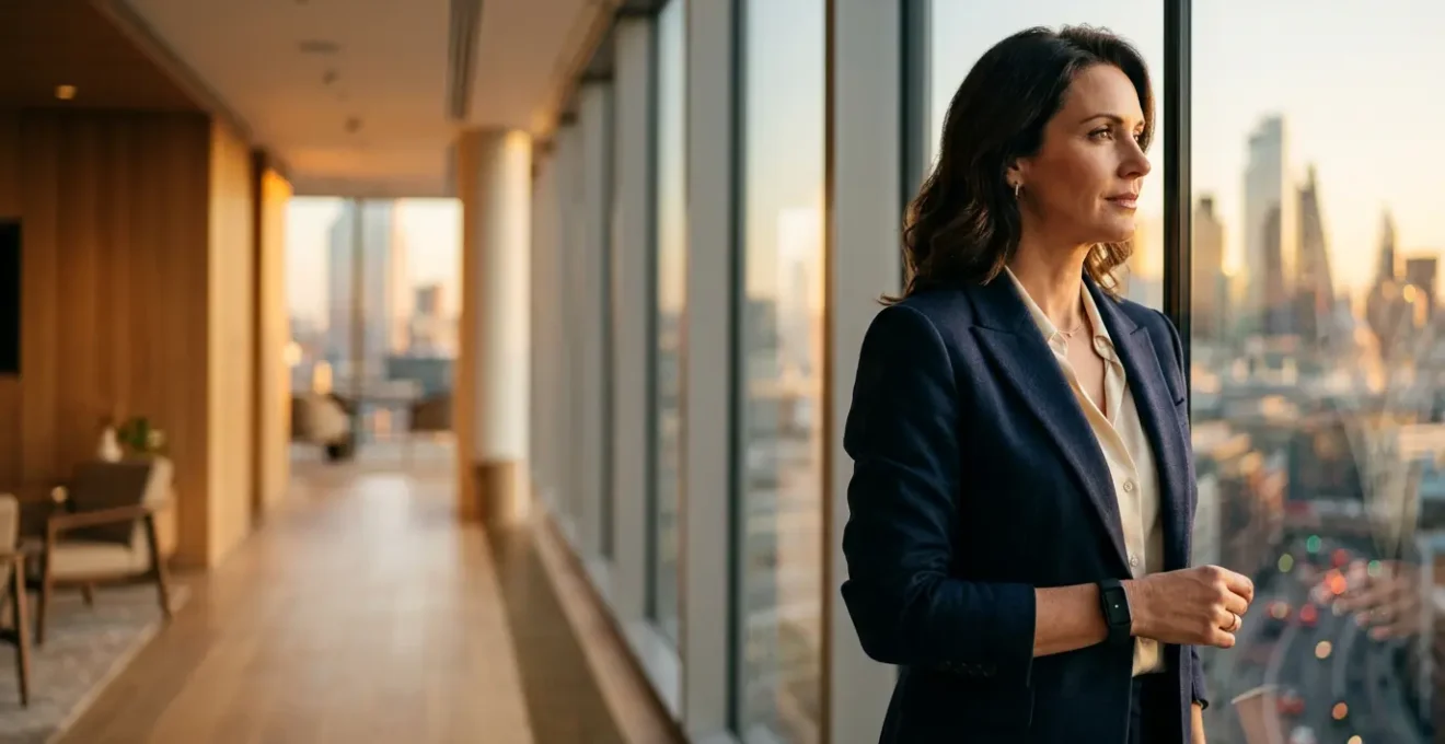 Professional executive using wearable biometric monitoring technology in modern office environment for stress management and burnout prevention