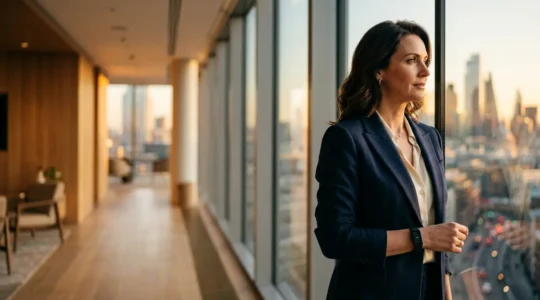 Professional executive using wearable biometric monitoring technology in modern office environment for stress management and burnout prevention