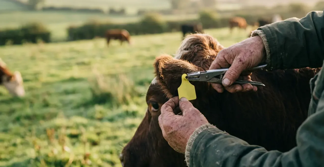 Close-up view of a farmer's hands carefully tagging livestock in a sunlit pasture, showing the direct connection between producer and animal welfare