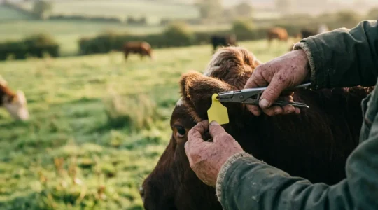 Close-up view of a farmer's hands carefully tagging livestock in a sunlit pasture, showing the direct connection between producer and animal welfare