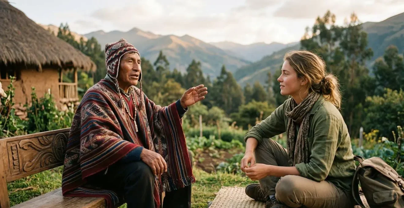 Respectful cultural exchange between visitor and indigenous community member in natural setting
