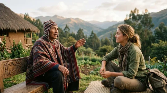 Respectful cultural exchange between visitor and indigenous community member in natural setting