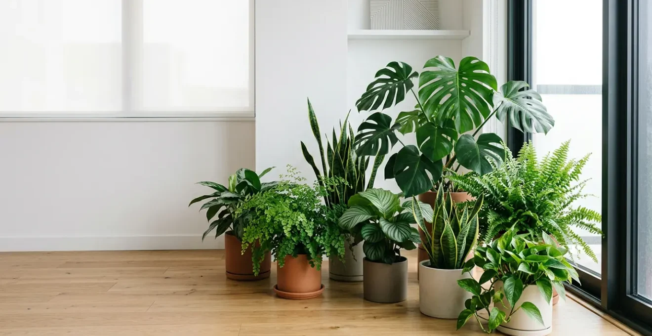Thriving indoor plant ecosystem with lush tropical foliage creating natural air purification in modern apartment space