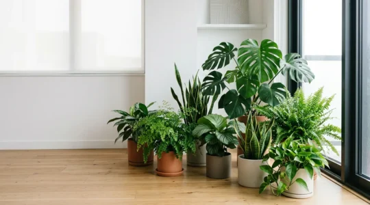 Thriving indoor plant ecosystem with lush tropical foliage creating natural air purification in modern apartment space
