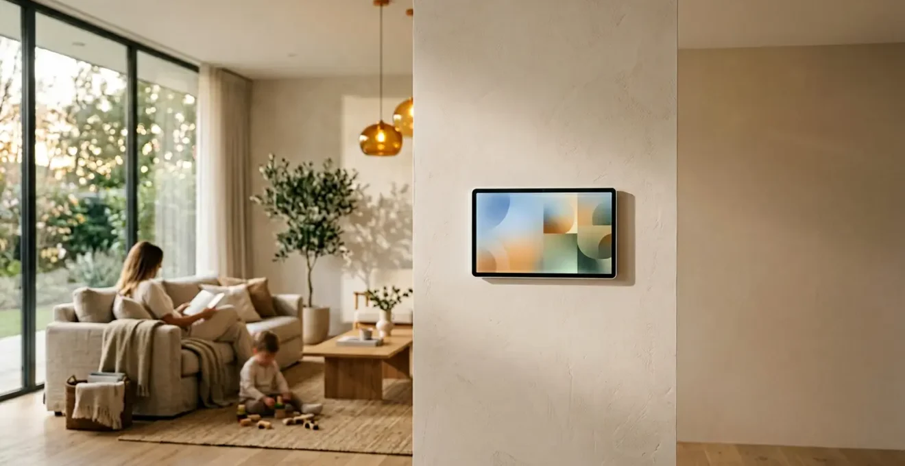 Modern smart home control hub displaying automated routines with warm ambient lighting and home environment in soft focus background