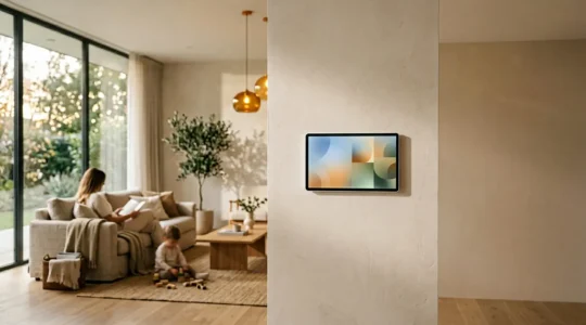 Modern smart home control hub displaying automated routines with warm ambient lighting and home environment in soft focus background