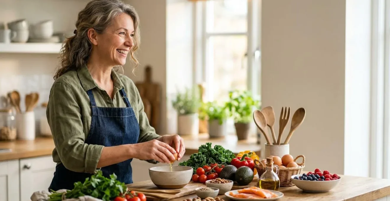 Mid-life individual experiencing natural energy restoration through metabolic nutrition transformation