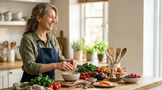 Mid-life individual experiencing natural energy restoration through metabolic nutrition transformation