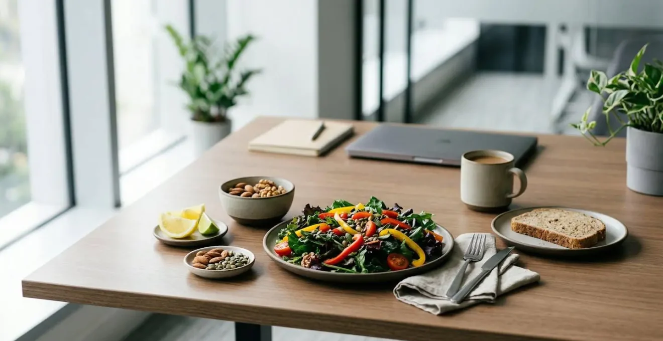 Professionally arranged nutrient-dense office lunch on clean desk showcasing vibrant fresh vegetables and whole foods