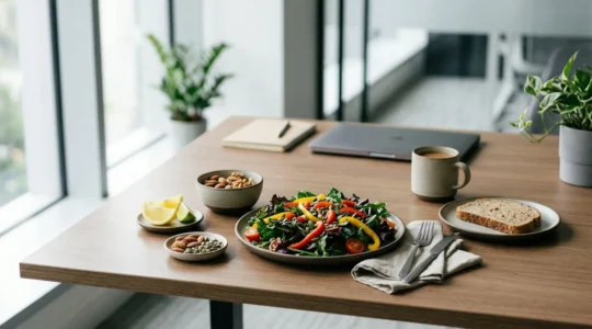 Professionally arranged nutrient-dense office lunch on clean desk showcasing vibrant fresh vegetables and whole foods