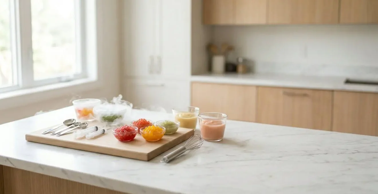 Professional home kitchen scene showcasing molecular gastronomy baking techniques with safe, accessible equipment