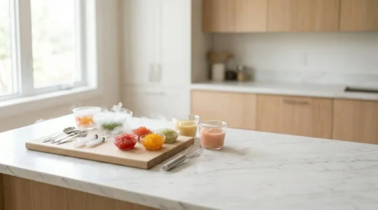 Professional home kitchen scene showcasing molecular gastronomy baking techniques with safe, accessible equipment