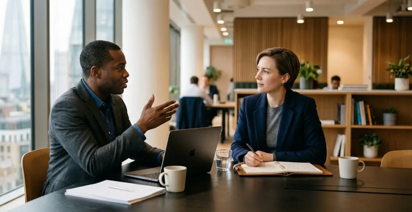 Professional meeting scene showing strategic negotiation for flexible work arrangements in a modern UK office environment