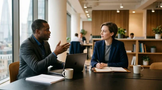 Professional meeting scene showing strategic negotiation for flexible work arrangements in a modern UK office environment