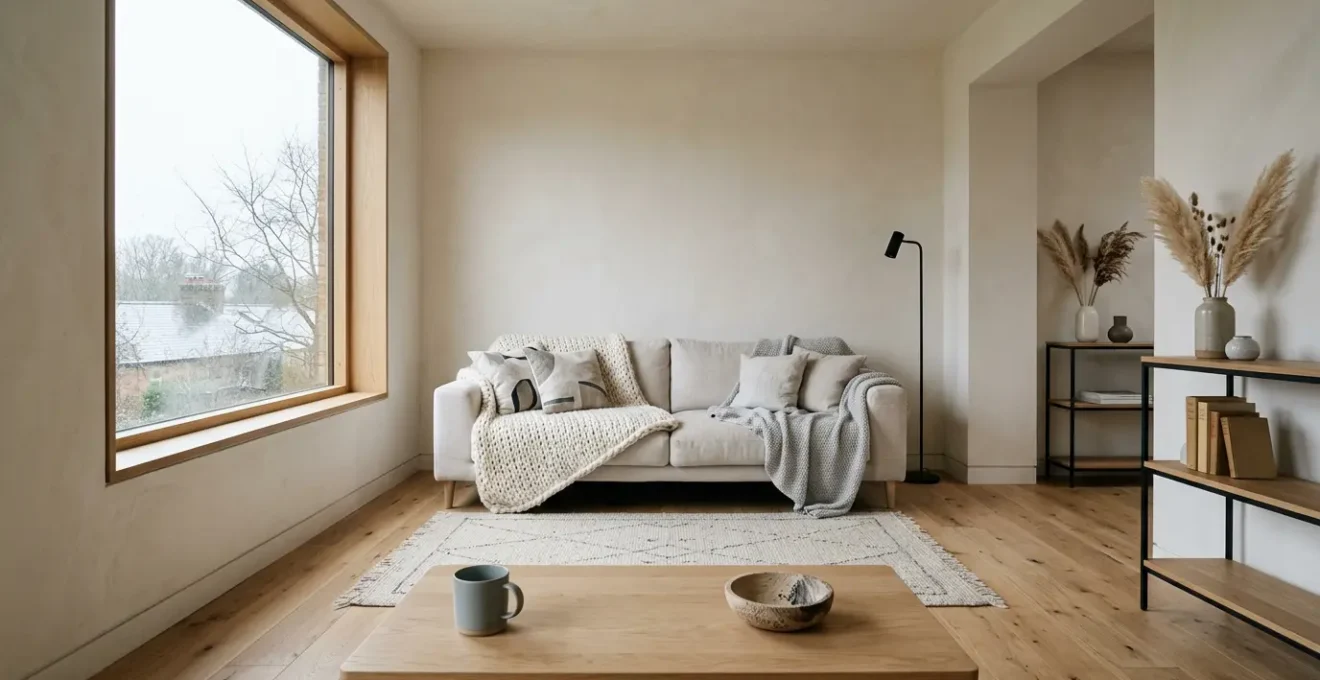 Serene Nordic-inspired living room bathed in soft natural winter light through large windows, featuring warm neutral textiles and minimalist design
