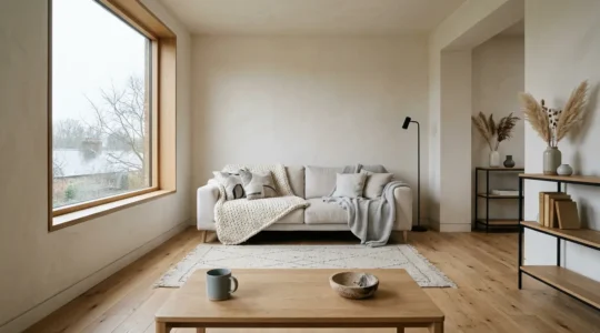 Serene Nordic-inspired living room bathed in soft natural winter light through large windows, featuring warm neutral textiles and minimalist design