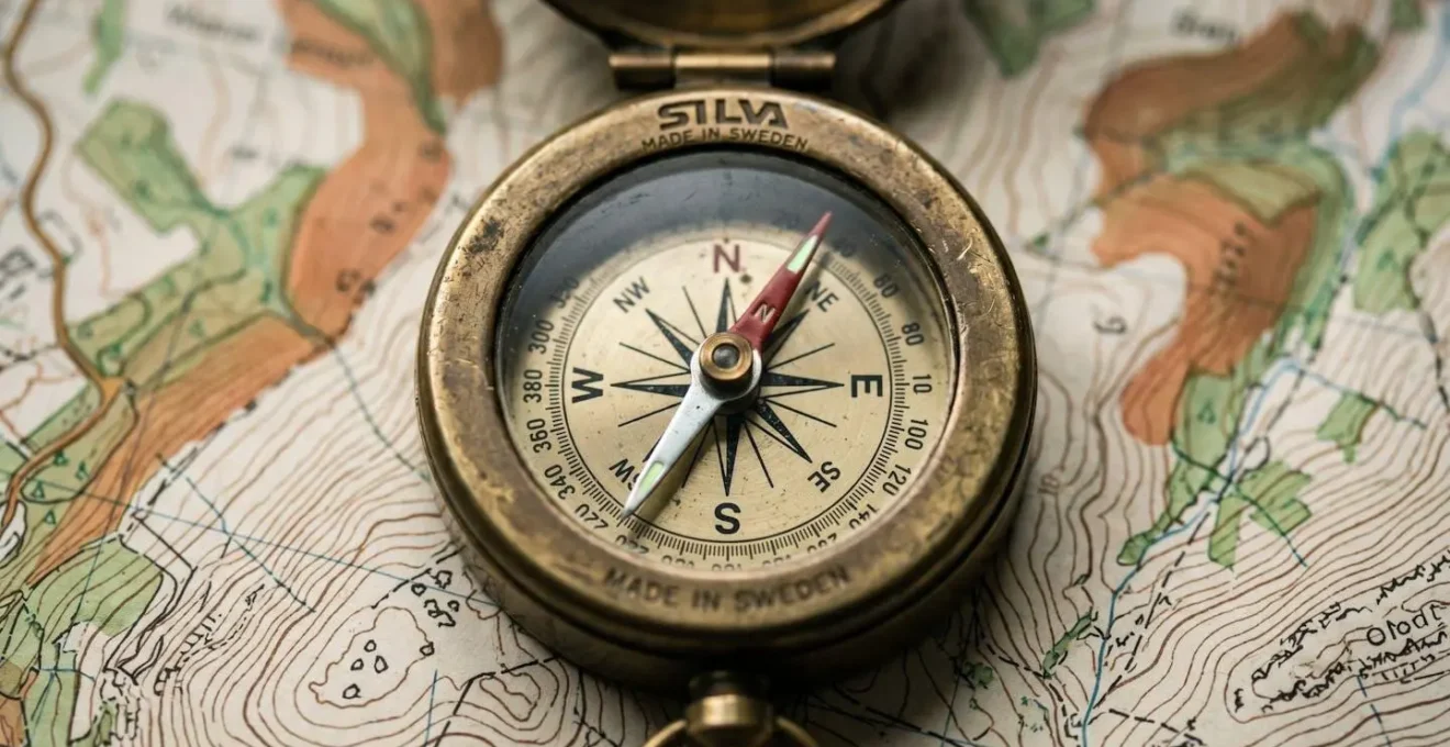 Close-up of hiking compass on topographic map showing Scottish Highland terrain with shallow depth of field