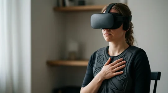 Person immersed in virtual reality wearing haptic vest while navigating smooth locomotion