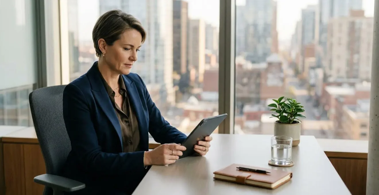 Professional executive reviewing health data in a modern minimalist office setting, symbolizing proactive healthcare investment