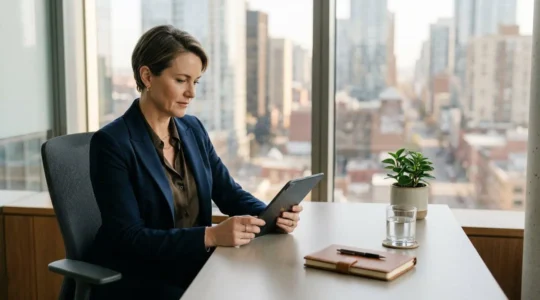 Professional executive reviewing health data in a modern minimalist office setting, symbolizing proactive healthcare investment