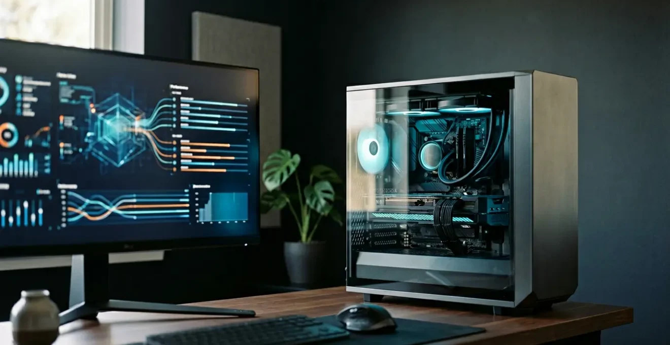 High-performance gaming PC setup with visible GPU cooling system and monitor displaying ray-traced graphics benchmark