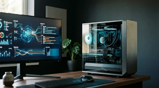 High-performance gaming PC setup with visible GPU cooling system and monitor displaying ray-traced graphics benchmark